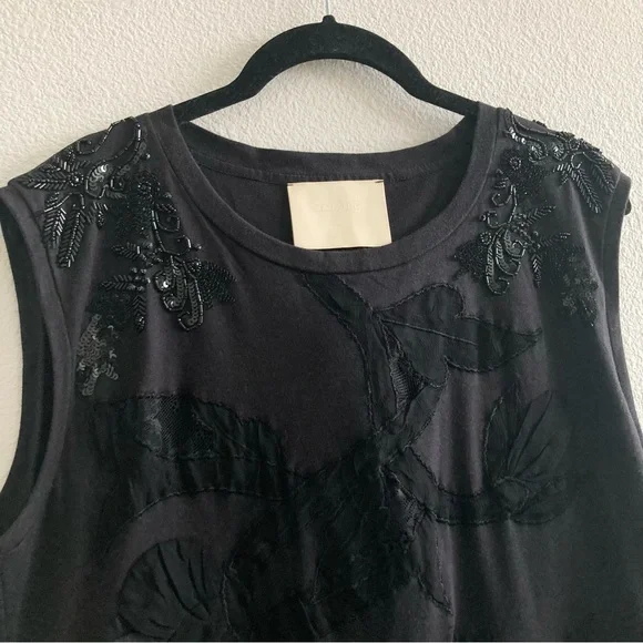Loyd/Ford Black Beaded Embroidered Mesh Sleeveless Top Minimal Artsy 100% Cotton - Picture 3 of 8